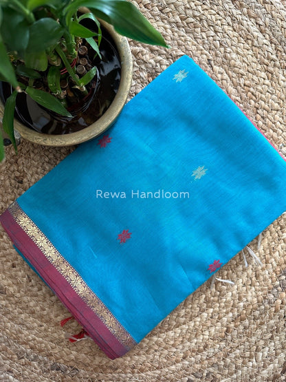 Aqua Blue-Red Zari Butti Maheshwari Saree SBS0038