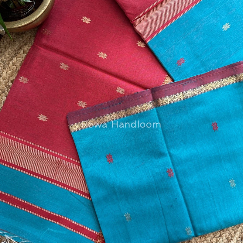 Aqua Blue-Red Zari Butti Maheshwari Saree SBS0038