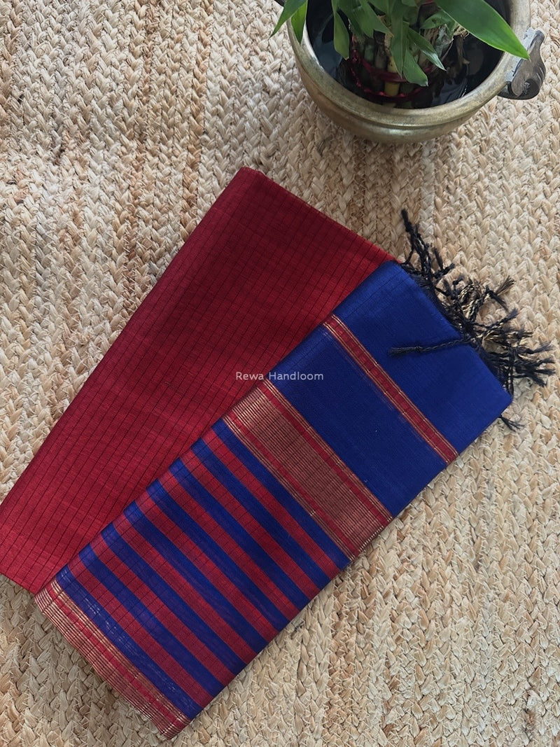 Maheshwari Red-Blue Zari Border Dress Material MSBS031
