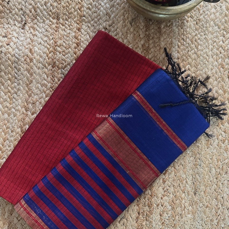 Maheshwari Red-Blue Zari Border Dress Material MSBS031