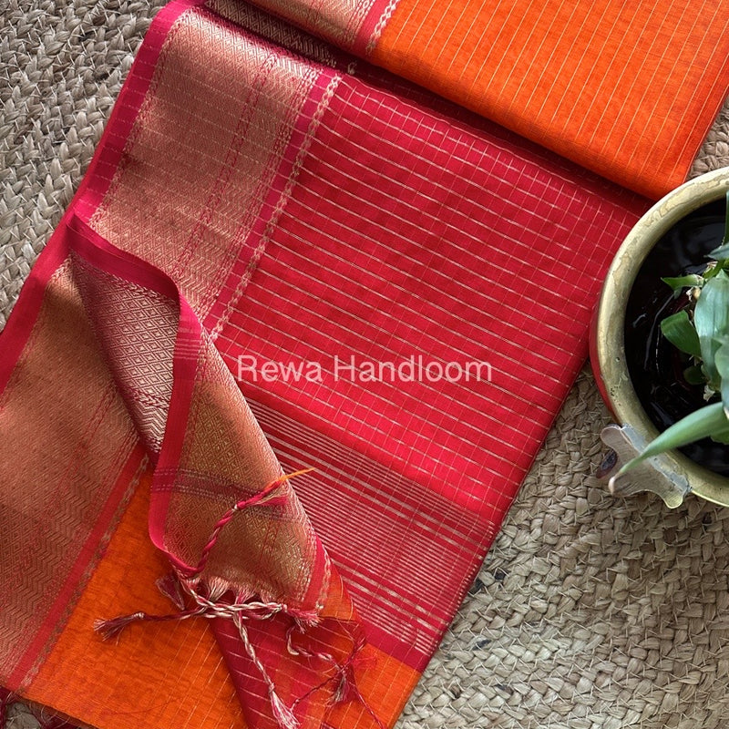 Maheshwari Orange Zari Linning Saree-GL017