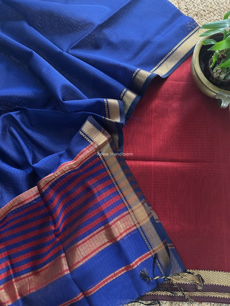 Maheshwari Red-Blue Zari Border Dress Material MSBS031