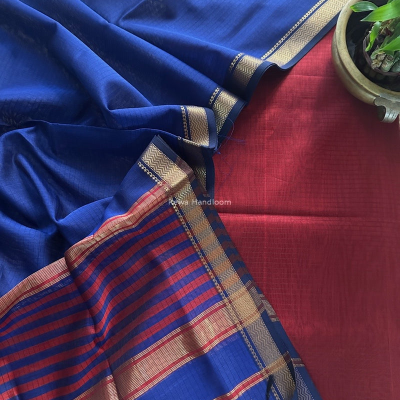 Maheshwari Red-Blue Zari Border Dress Material MSBS031
