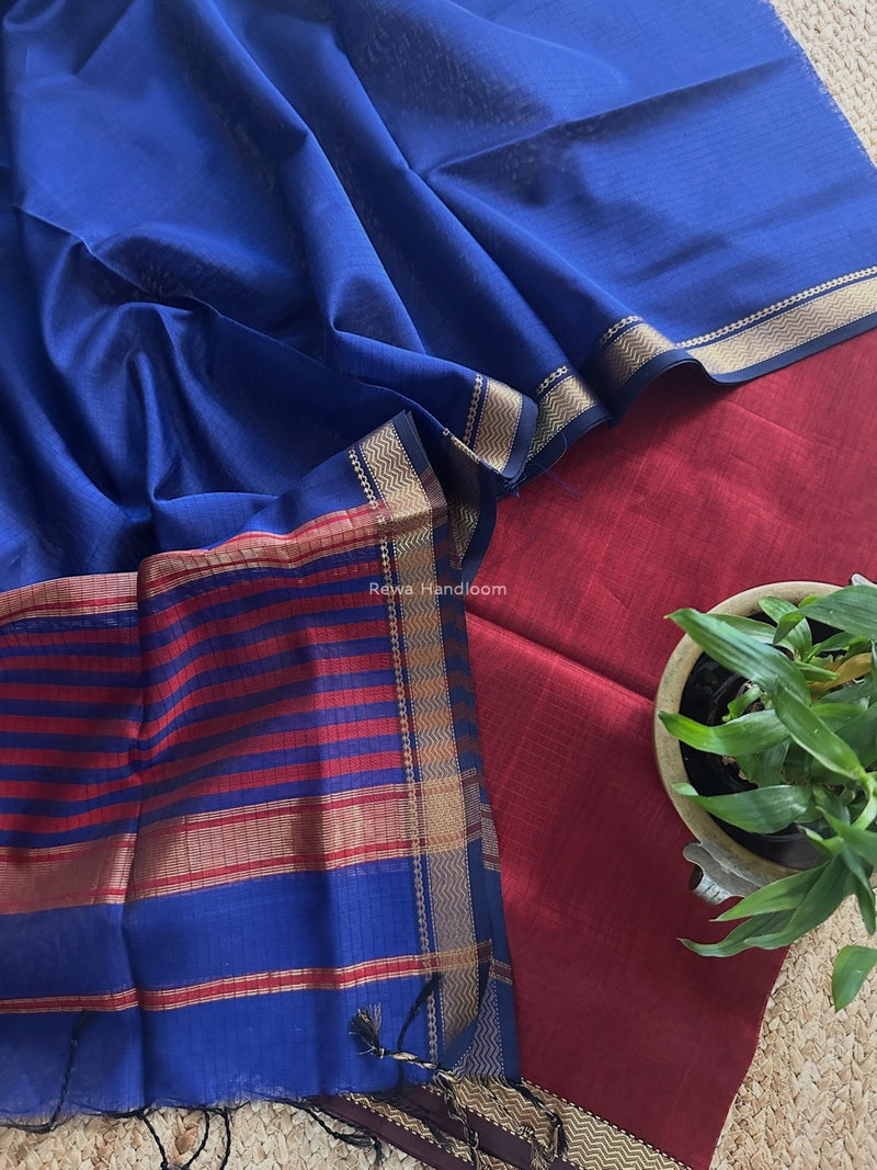 Maheshwari Red-Blue Zari Border Dress Material MSBS031