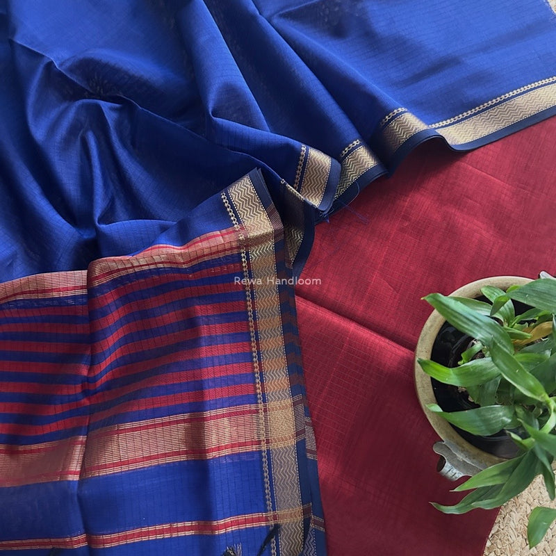 Maheshwari Red-Blue Zari Border Dress Material MSBS031