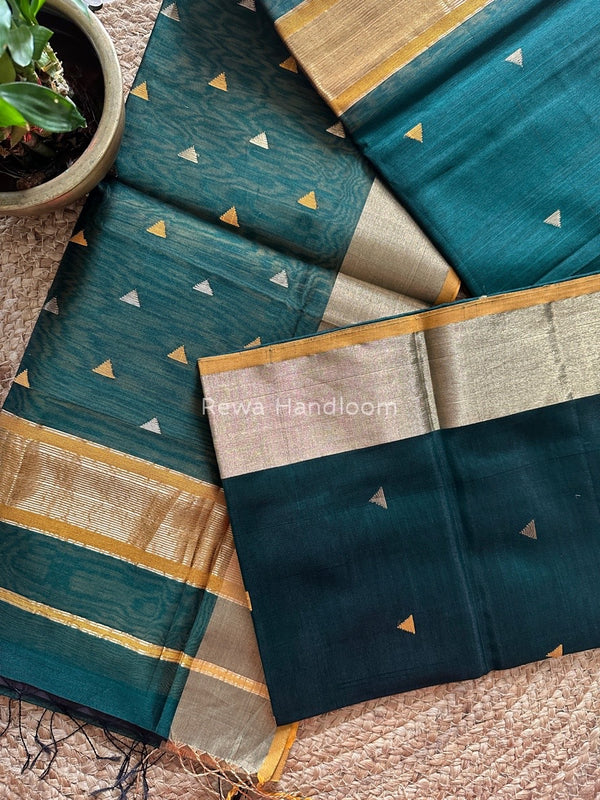 Bottle Green Zari Triangle Butti Maheshwari Saree SB046