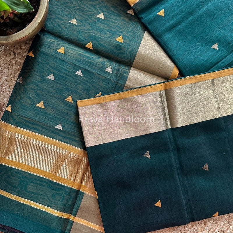 Bottle Green Zari Triangle Butti Maheshwari Saree SB046