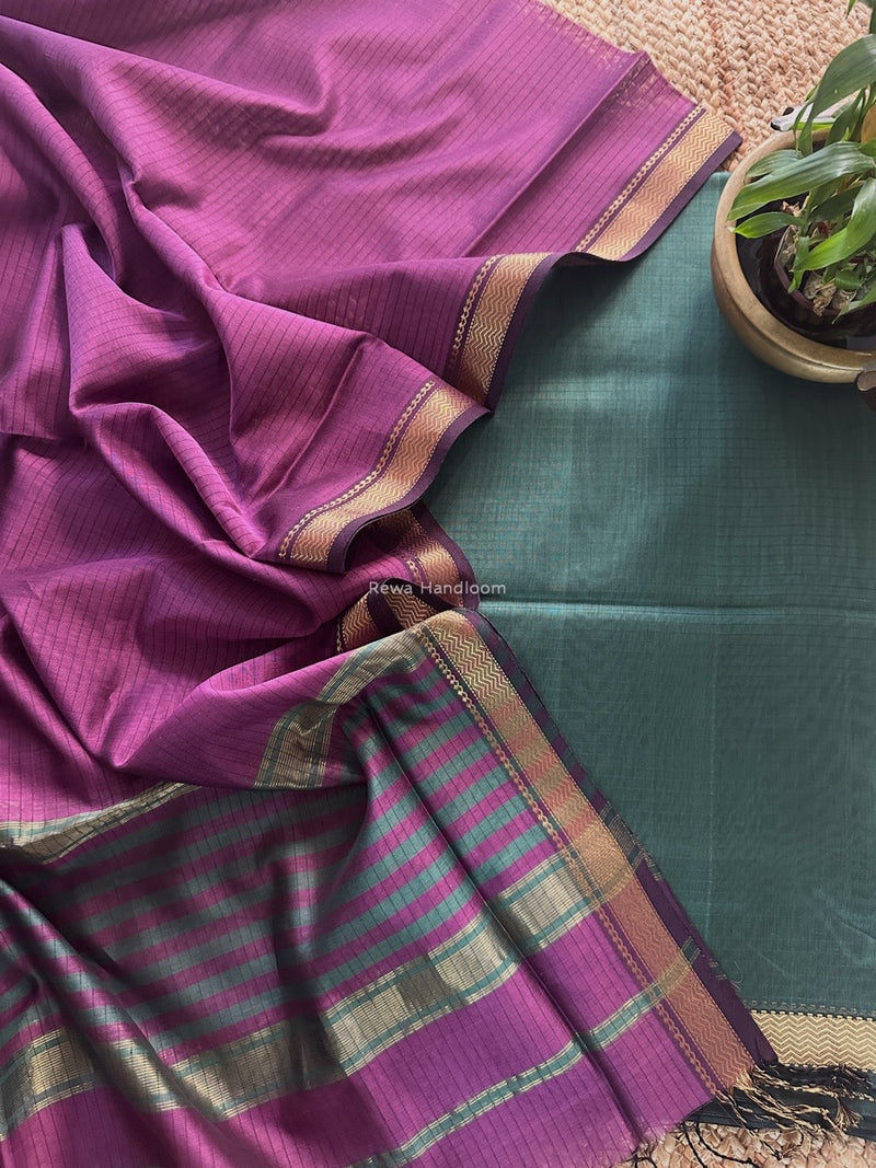 Maheshwari Mint Green-lavender Zari Border Dress Material MSBS030