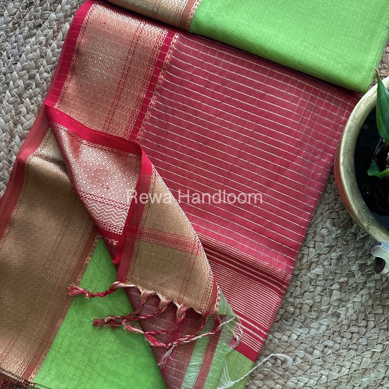 Maheshwari Parrot Green Zari Linning Saree-GL04