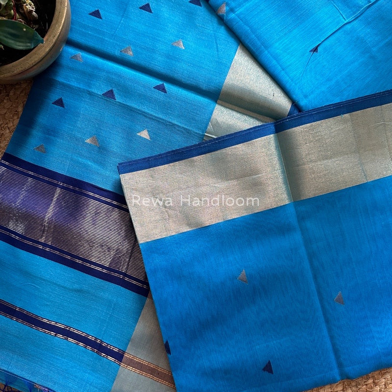 Deep Sky Blue Zari Triangle Butti Maheshwari Saree SB040