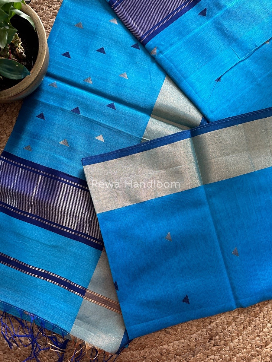 Deep Sky Blue Zari Triangle Butti Maheshwari Saree SB040