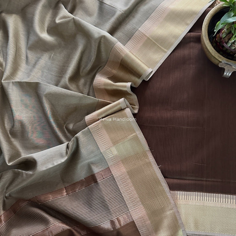 Maheshwari Coffee Brown-Beige Zari Border Dress Material BRD053