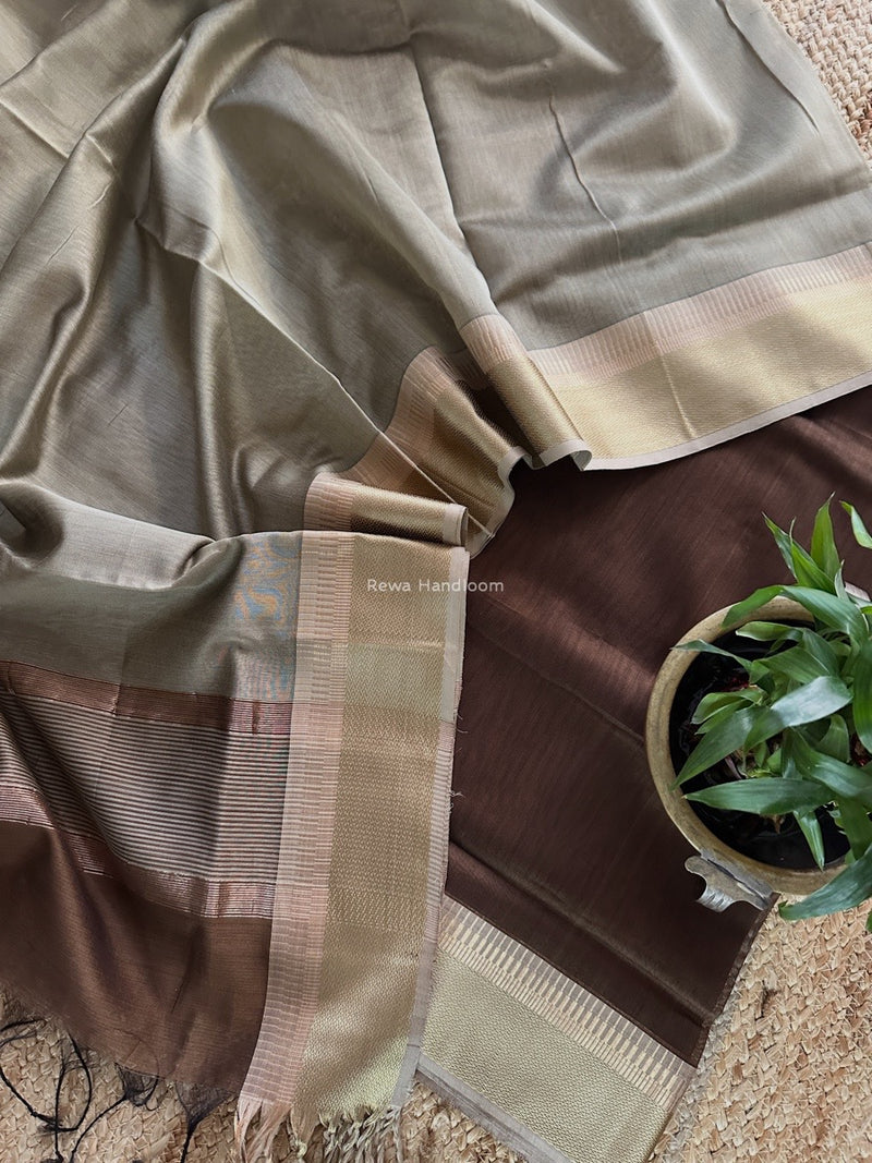 Maheshwari Coffee Brown-Beige Zari Border Dress Material BRD053