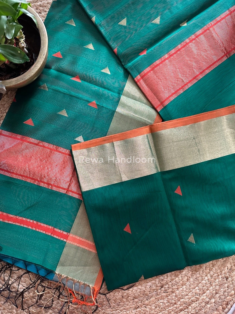  Green Zari Triangle Butti Maheshwari Saree SB056