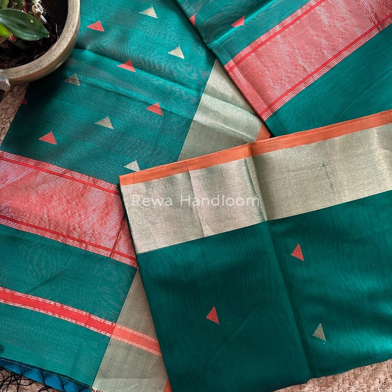  Green Zari Triangle Butti Maheshwari Saree SB056