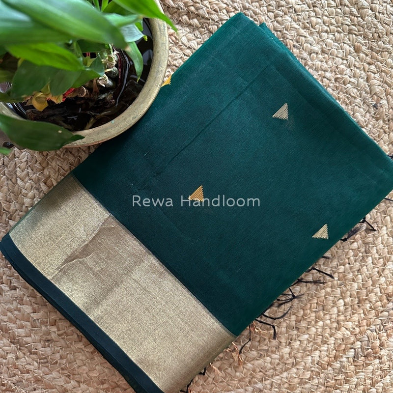 Bottle Green Zari Triangle Butti Maheshwari Saree SB036