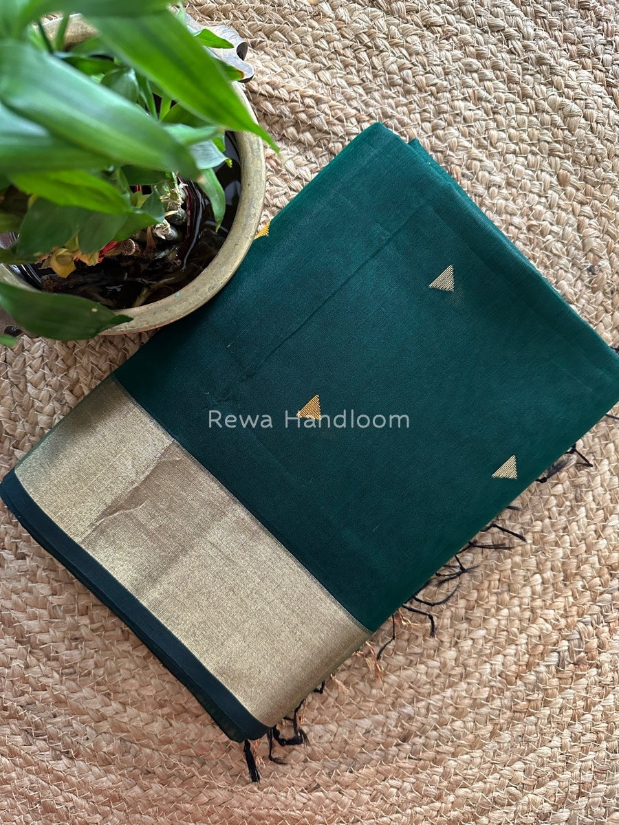 Bottle Green Zari Triangle Butti Maheshwari Saree SB036