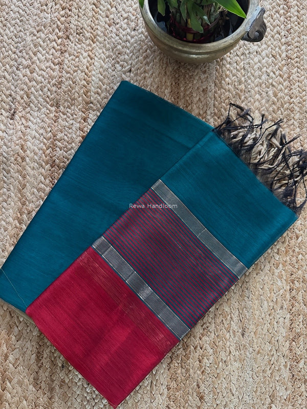 Maheshwari Bottle Green-Red Zari Border Dress Material BRD055