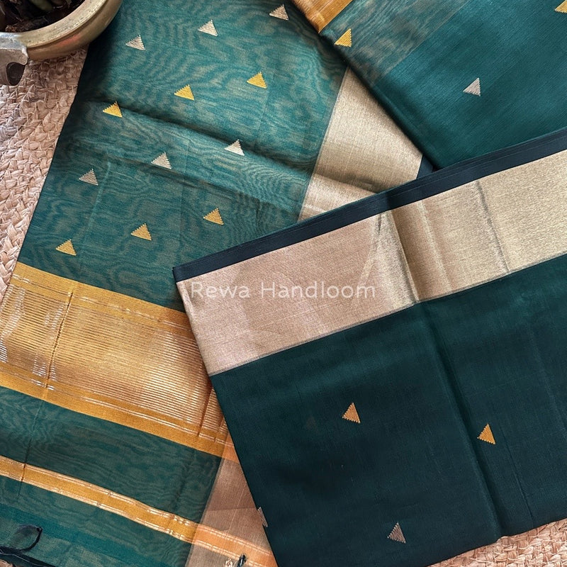 Bottle Green Zari Triangle Butti Maheshwari Saree SB036