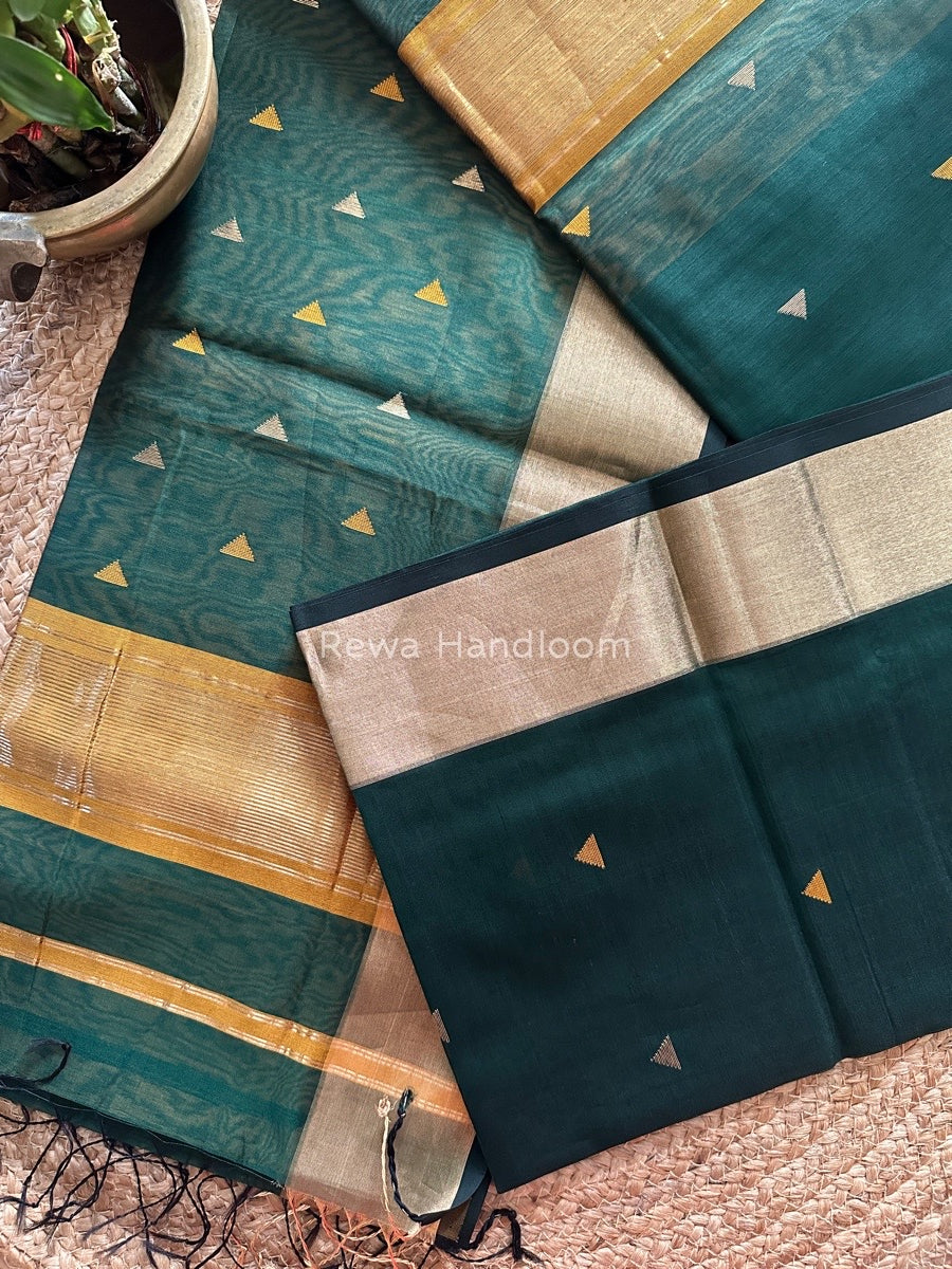 Bottle Green Zari Triangle Butti Maheshwari Saree SB036