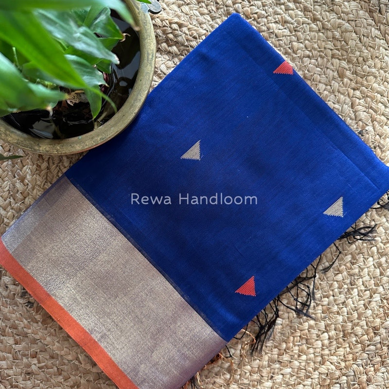 Blue Zari Triangle Butti Maheshwari Saree SB038