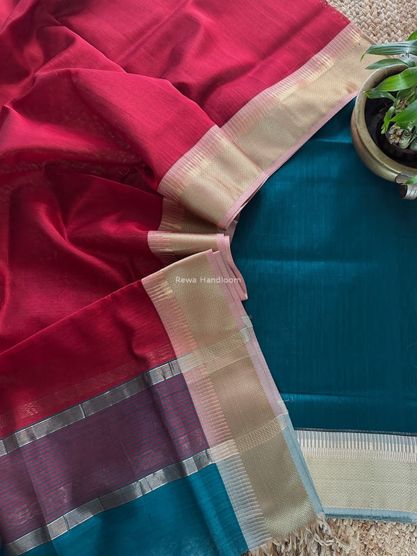Maheshwari Bottle Green-Red Zari Border Dress Material BRD055