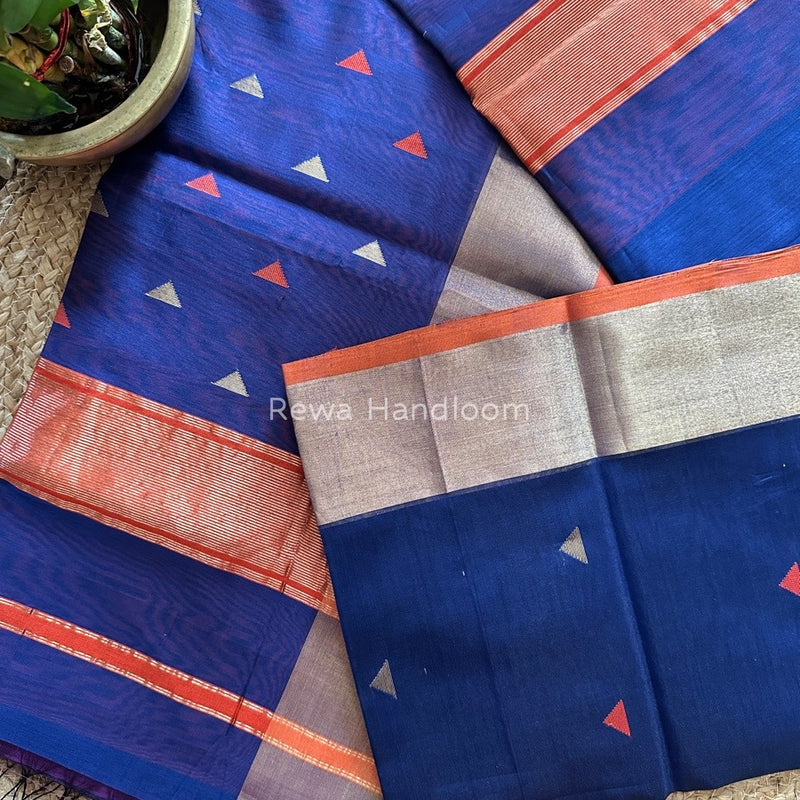 Blue Zari Triangle Butti Maheshwari Saree SB038