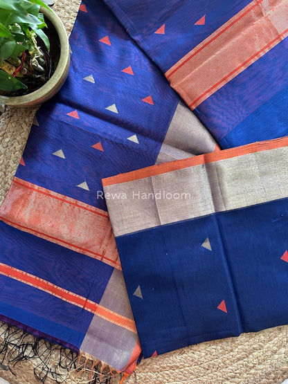 Blue Zari Triangle Butti Maheshwari Saree SB038