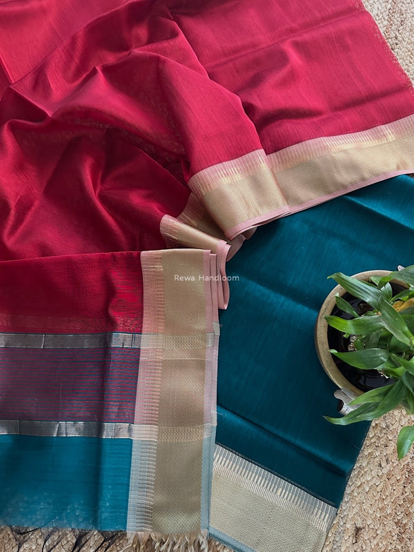 Maheshwari Bottle Green-Red Zari Border Dress Material BRD055