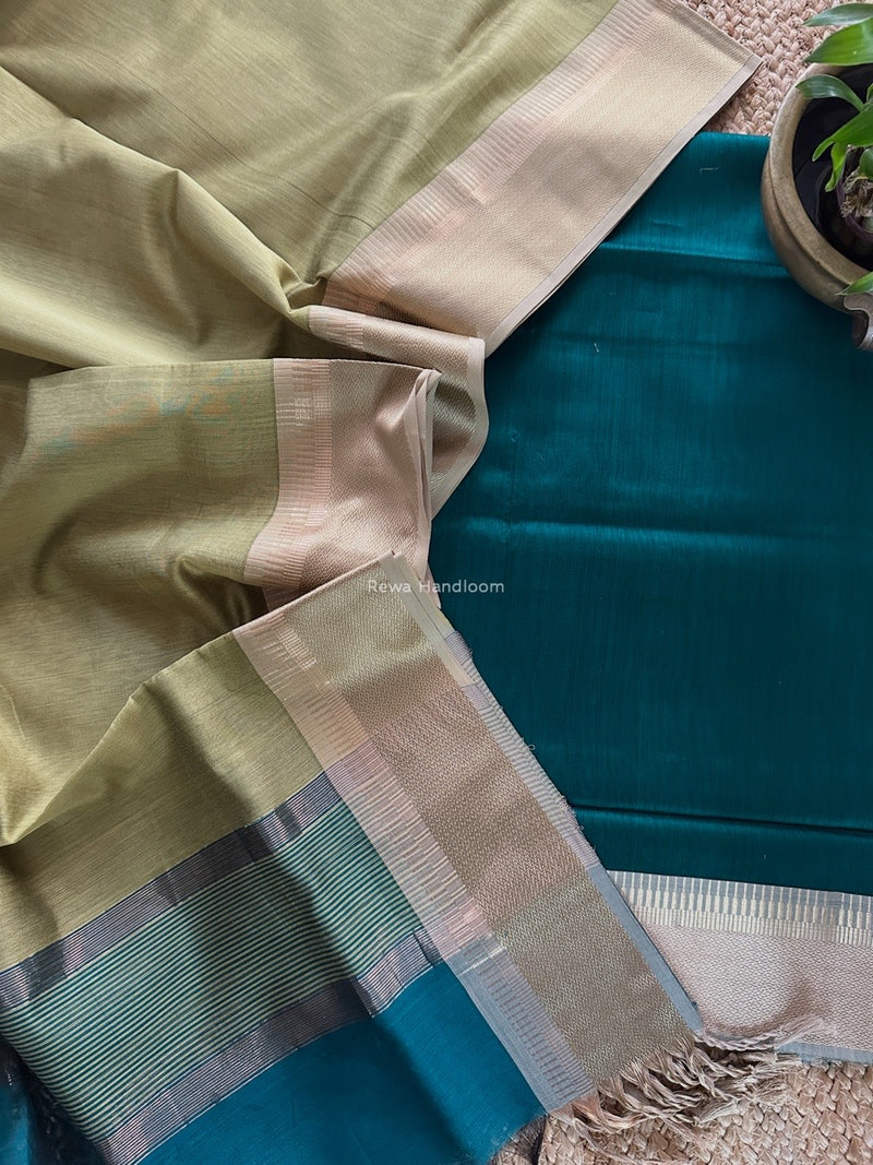 Maheshwari Rama Green-Light Chutney Green Zari Border Dress Material BRD060