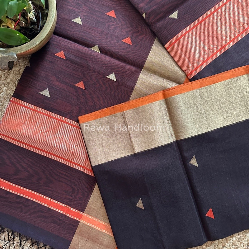 Coffee Brown Zari Triangle Butti Maheshwari Saree SB029