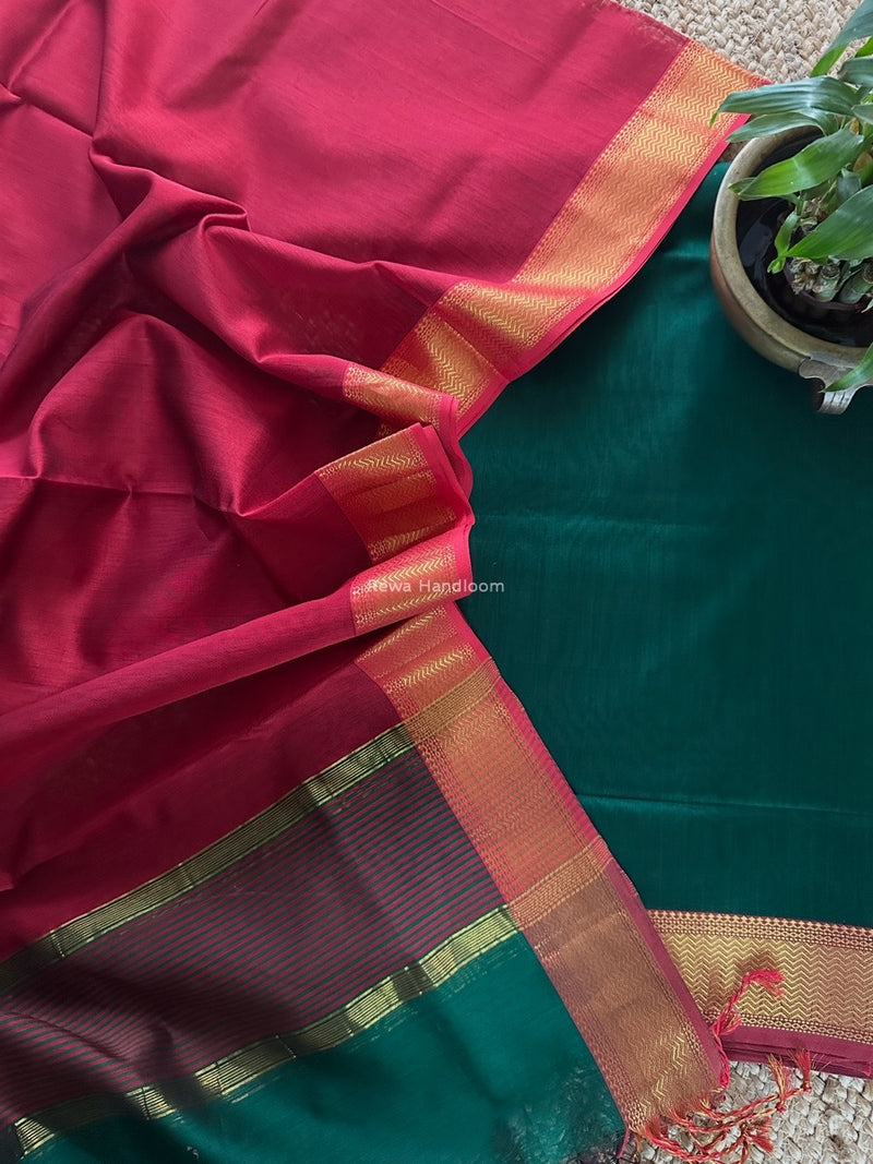 Maheshwari Green-Red Zari Border Dress Material BRD062