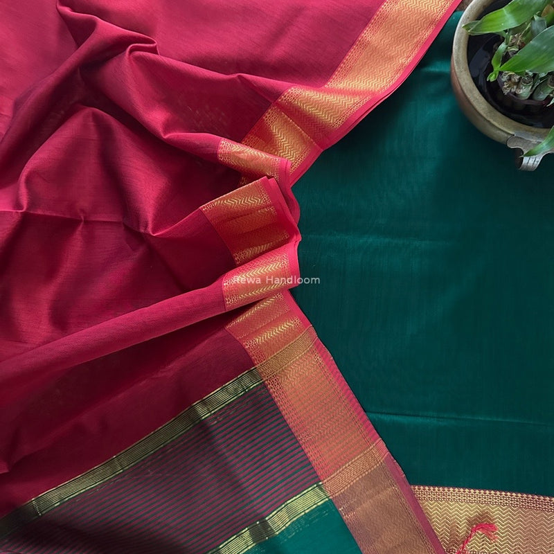 Maheshwari Green-Red Zari Border Dress Material BRD062