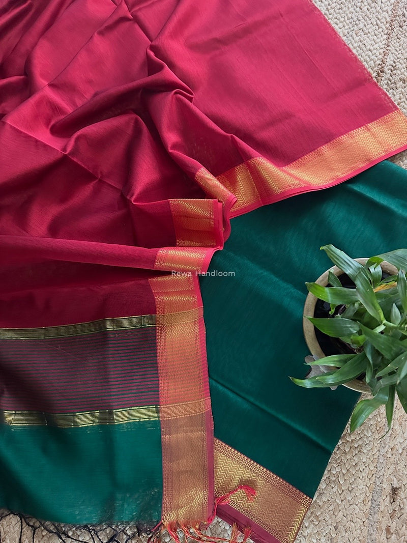 Maheshwari Green-Red Zari Border Dress Material BRD062
