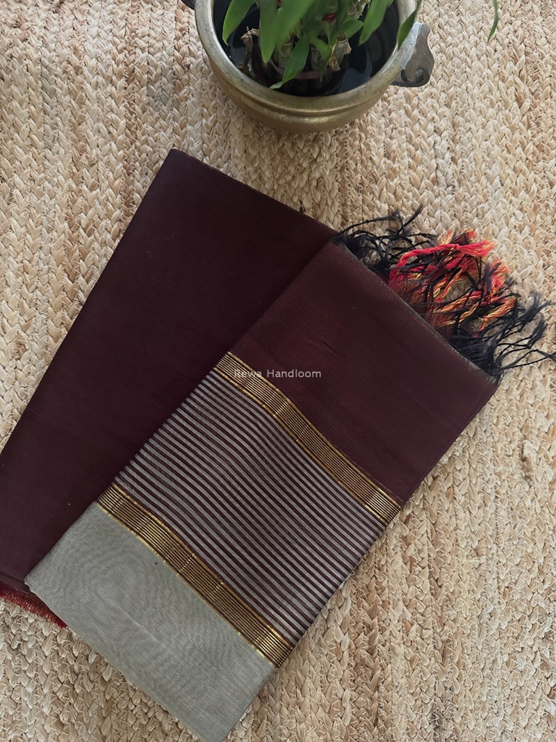 Maheshwari Brown-Grey Zari Border Dress Material BRD056