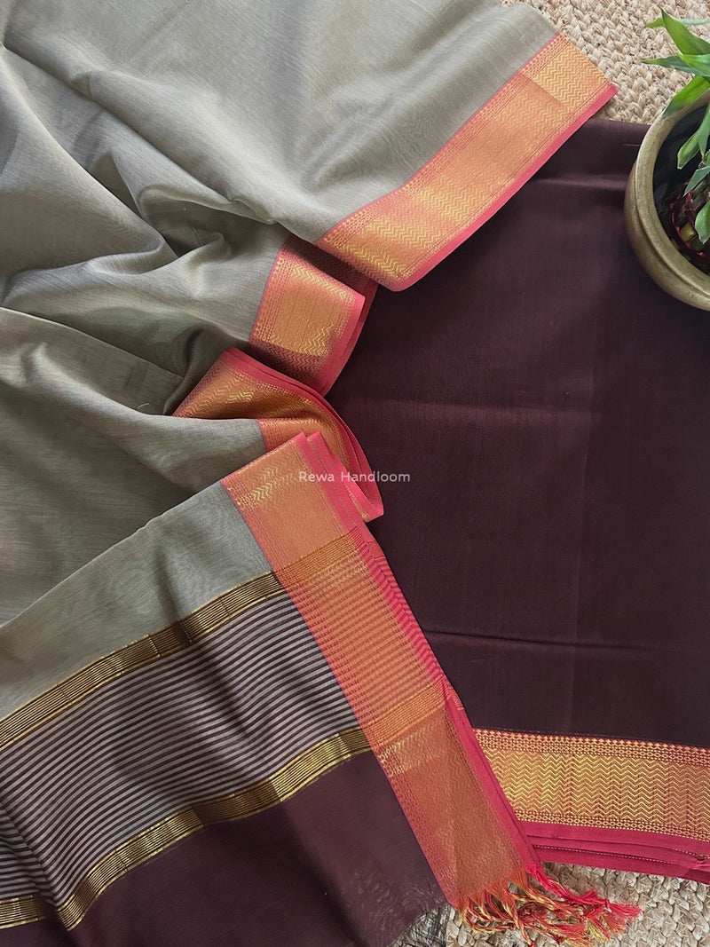 Maheshwari Brown-Grey Zari Border Dress Material BRD056
