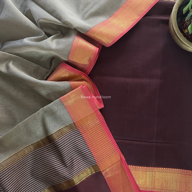 Maheshwari Brown-Grey Zari Border Dress Material BRD056