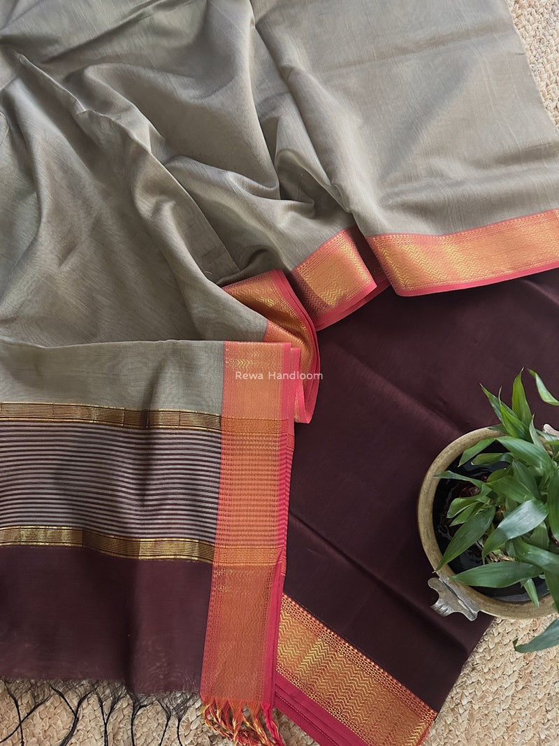 Maheshwari Brown-Grey Zari Border Dress Material BRD056