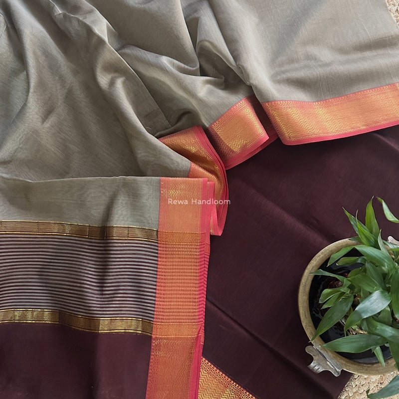 Maheshwari Brown-Grey Zari Border Dress Material BRD056