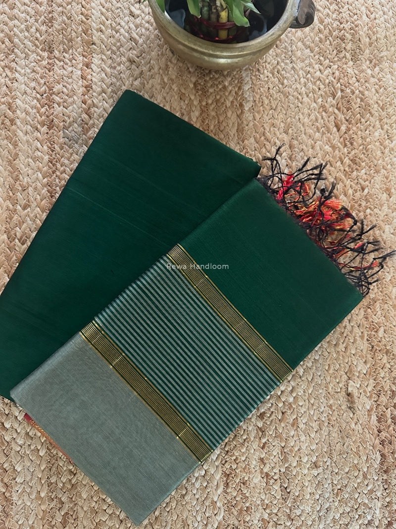 Maheshwari Green-Grey Zari Border Dress Material BRD057