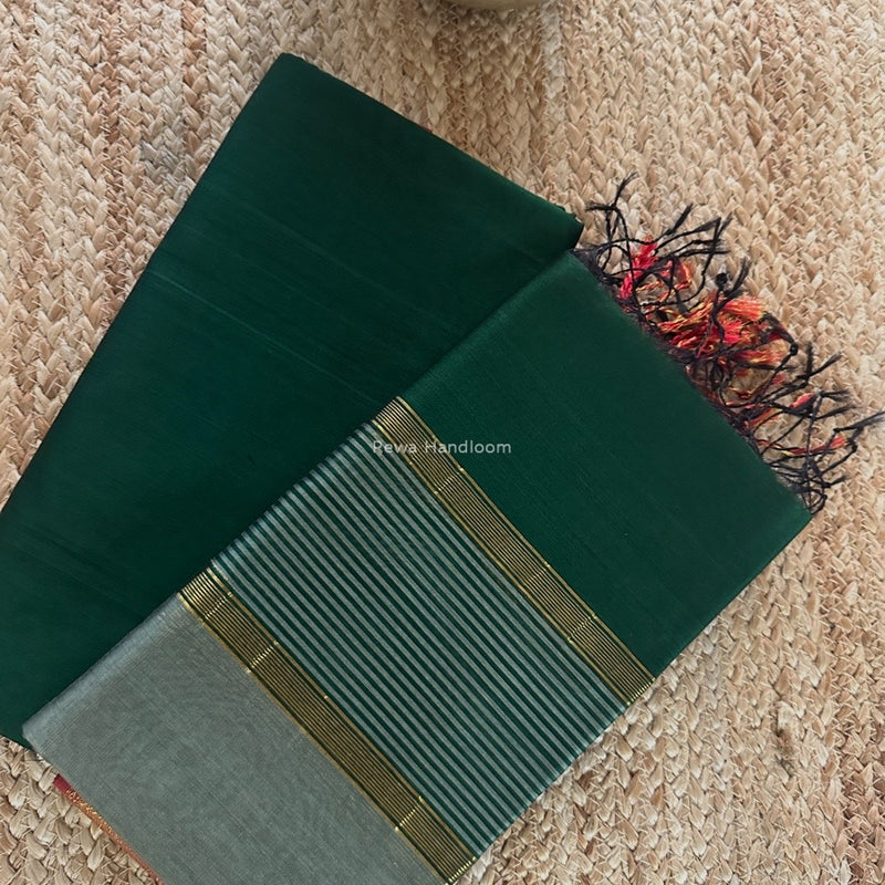 Maheshwari Green-Grey Zari Border Dress Material BRD057