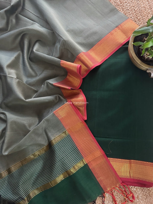Maheshwari Green-Grey Zari Border Dress Material BRD057