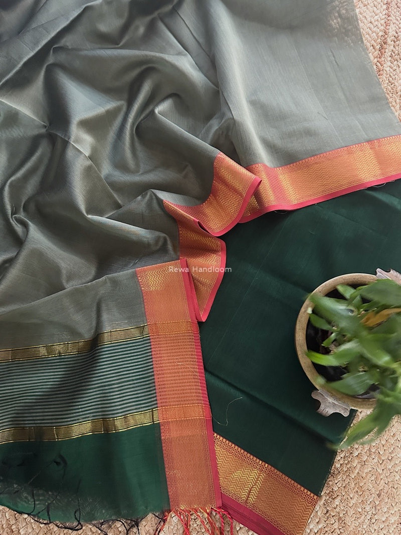 Maheshwari Green-Grey Zari Border Dress Material BRD057
