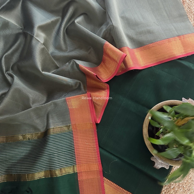 Maheshwari Green-Grey Zari Border Dress Material BRD057