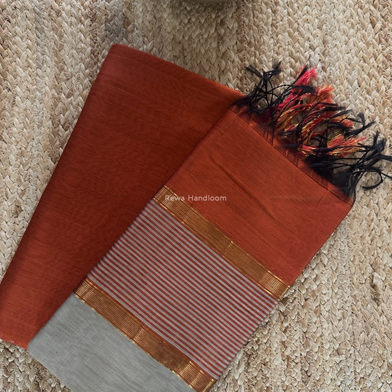 Maheshwari Rust-Grey Zari Border Dress Material BRD063