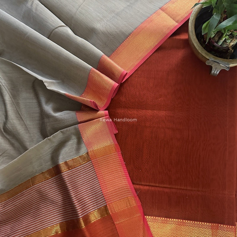 Maheshwari Rust-Grey Zari Border Dress Material BRD063