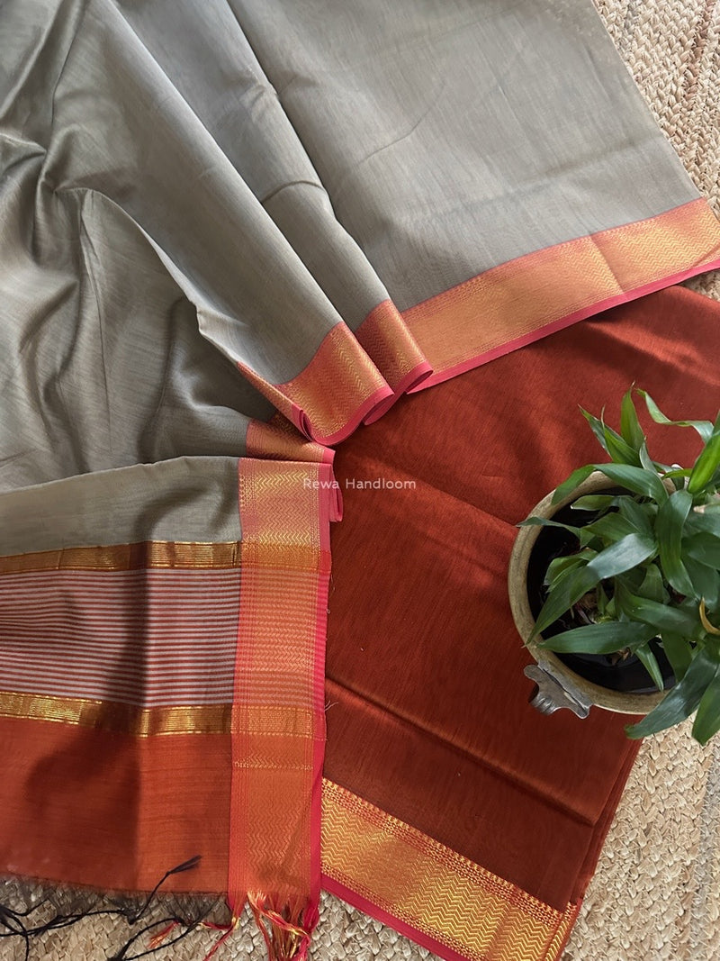 Maheshwari Rust-Grey Zari Border Dress Material BRD063