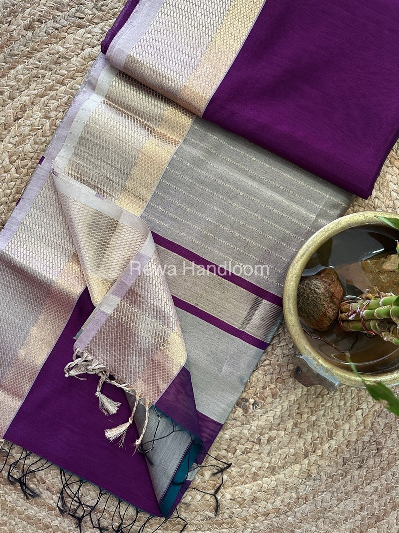 Raisham Thread Maheshwari Purple Resham Thread Border Saree RTS041 – Rewa Handloom