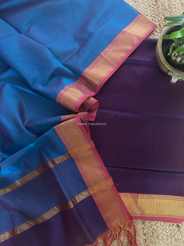 Maheshwari Purple-Sky Blue Zari Border Dress Material BRD058