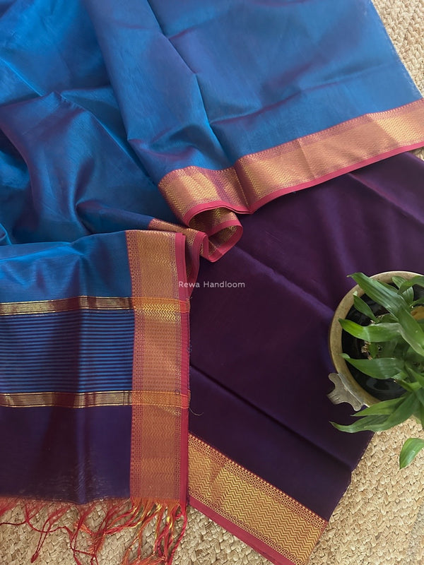 Maheshwari Purple-Sky Blue Zari Border Dress Material BRD058